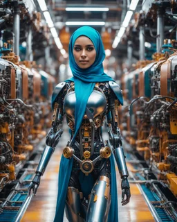 potrait cinematography colors a beautiful woman humanoid robot mechanical hijab walking in between two rows of complex machinery with vibrant colors