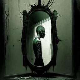 Stuck in this void place... the image Within the mirror, "X-RAY MIRROR", by Dave McKean and Anton Semenov, dark sci-fi fantasy, mirrorcore, artistic, surreal, sinister, profound, dramatic, vaporwave, digital illustration