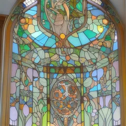 A big Art Nouveau stained-glass window in an Art Nouveau villa by artist "Alphonse Mucha"