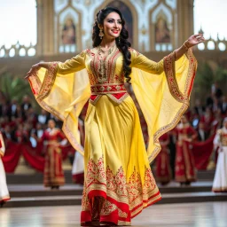 azeri female full bdy with traditional dance clothing in modern stage in a royal hall