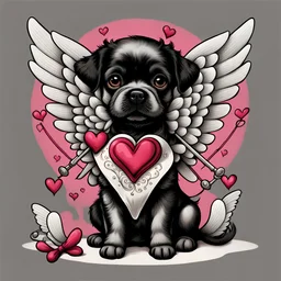 Lovesick , illustrated black and grey puppy dressed as cupid, cupid illustration, vintage valentines day colors, heavenly, romantic colors, realistic dog drawing, surreal, cartoonist, overexaggerated, detailed drawing, behance, Victorian inspired, art station, in the style of damien hirst