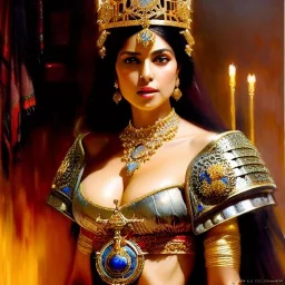 portrait beautiful face queen of Sheba ,busty,medieval metal armor balanciaga fashion clothe painting by gaston bussiere, greg rutkowski, yoji shinkawa, yoshitaka amano, tsutomu nihei, donato giancola, tim hildebrandt, oil on canvas, cinematic composition, extreme detail,fit full head inside picture