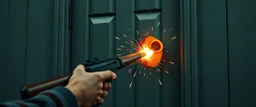 bazooka shooting a hot dog into a door so it splinters