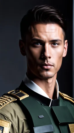 handsome male soldier age 35 with medium length hair and a goatee