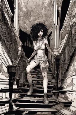 scarred cyberpunk vampire girl with tribal tattoos short curly dark cyberpunk hair descending the staircase in decaying dark mansion on fire