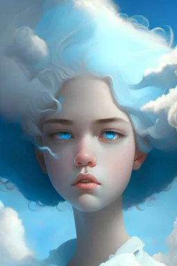 It is a female character with a realistic, dreamy cloud like a vertube feeling, and the color is generally sky blue, and the eyes of the face are accurately portrayed.