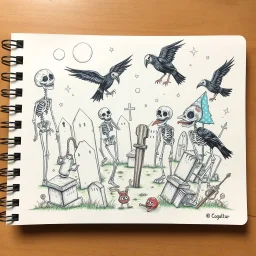 chaotic color pencil doodle on a spiral binded notebook page, macabre cemetery scene with wacky skeletons and crows in the style of Edward Gorey and Seth Globepainter