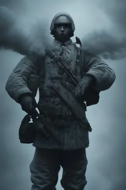 All black German soldier, head made out of white smoke, dark, rage, sorrow, high definition, ultra 8 k, volumetric lighting, blue fire, fog