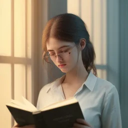 reading a book by the window studying girl, ultra detail, curl hair, realistic photo unreal engine, cinematic lighting --ar 1:1 creative