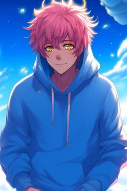 An androgynous young man with tousled pink hair and golden eyes floating among the stars wearing a light blue hoodie and black board shorts. He is smiling softly and holding a star in one hand.