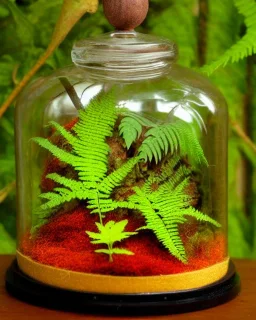 lush fern rainforest in a bell jar, warm colors, warm lighting, linen backdrop