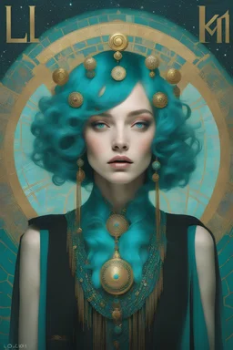 turquoise hair and infinite eyes, arrived using an internal astrolabe navigation from another dimension, she can control your mind with otherwoldly hypnotic beauty, psychadelic and uncommon colorful masterpiece by diego fernandez and Lou LL and klimt trending on
