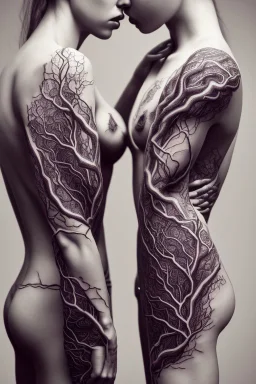 Multiple entanglements between a twisted thin piece of cloth as part of many twisted and spiraling branches disappearing into the distant mist, epic photo, 2 beautiful lovers are embracing, stunning tattoos that intwine with eachothers tattoos,sharp on highly detailed skin with wrinkles and high contrast, photorealistic, explosion of extacy,4K, 3D, realism, hyperrealism, detail, good lighting, detailed texture, modern photography style, 3D, 4D, 4K