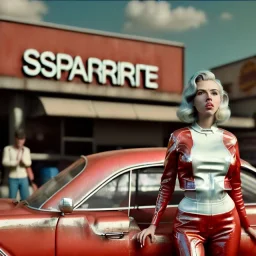 Ultra Realistic retro sci-fi afire Supermarket parking scene, 1960 year. blonde woman, sweet scarlet Johansson face, perfect iris, glow eyes, face makeup, tight latex coat; many panic people looking, Retro sci-fi style, soft color, highly detailed, unreal engine 5, ray tracing, RTX, lumen lighting, ultra detail, volumetric lighting, 3d, finely drawn, high definition, high resolution.