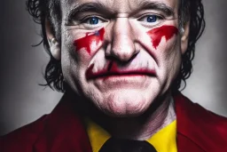 Robin Williams as the joker from dc comics, dramatic light, close up, smoky background, high detail, cinematic, vignette