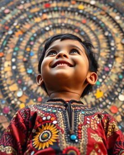 "Midnight Serenade unique" low view angle shot down long, large close up a young child smiling look up granite terrazzo motifs with puzzle tribal clothing is decorated with colorful filigree abstract, Collage chutes papiers magazines, old village. Spirograph background by Nisa Kiley, Textile Artist