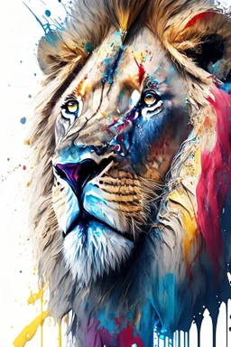 "lion", clean design, art station, splash of colorful paint, contour, ((solid white background)), gazing into camera, hyperdetailed intricately detailed, unreal engine, fantastical, cinema lighting, intricate detail, splash screen, complementary colors, fantasy concept art, 8k resolution, DeviantArt masterpiece, watercolor, paint dripping