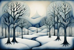 Winter trees elegant fantasy intricate art deco fantasy watercolor mystic Paul Klee Tim burton Yacek Yerka dee Nickerson snow winter cold season simple design