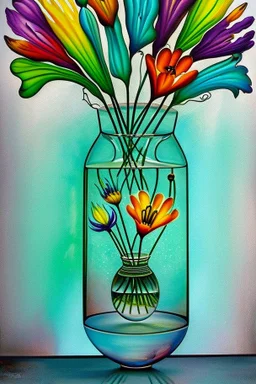 melted flowers in a glass vase, melted family pictures on the wall in the style of Salvador Dali's with green, blues, orange and purples, surrealism style