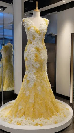 A mannequin wearing a dress, Philippines national custome dress inspired by jasmine flower, sampaguita, Philippines national flower, jasmine flower dress, jasmine flower, white jasmine flower, dress displayed on mannequin, beautiful, very beautiful dress, fantasy dress, magical dress, elegant, full body, full body frame, ultra realistic, aesthetic, yellow and white pastel color, sequins, bedding, made of crystal, sexy, magical, fantasy, ethereal, sparkly, glowing, glittery dress, artistic style