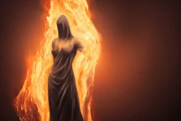 Cloaked woman holding fire, Dark moody night atmosphere, 8K, high body details, anatomically perfect bod, painted