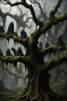 A group of black ghosts creatures hanging upside down from a tree without leaves . The tree skin is covered in moss and lichen, allowing it to blend seamlessly into its surroundings. Dark cave Spirits feed on the energy of trees and can create thick fog to confuse their victims.