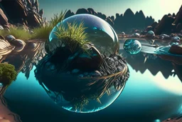 exoplanet, water reflection, rocks, vegetation, photography, hyperrealism, sci-fi, hd, 4k