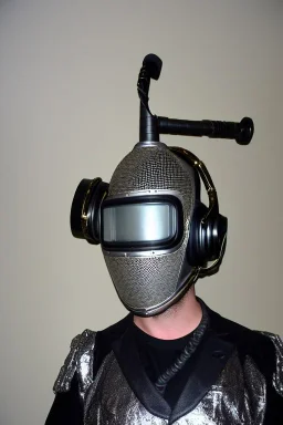 Metallic Cyber-punk style man with a web-camera-mask and old AKG-style headphones with golden rings. Large fencing mask covers man's cheeks. Good body shape. Reflective plastic. Body and head full of integrated old-fashioned cameras. Ancient silver telephone attached. perfect body. Euclidean 3D-tiling, Escher tiling, background. Cables from shoulder, connect. Daft Punk, Matrix movie black leather jacket with a Hood. Yellow latex areas in black leather surfaces body. 1990's. Porsche-Trypophobia