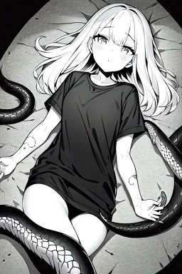 girl in T-shirt lying on the ground and covered with snakes, greyscale