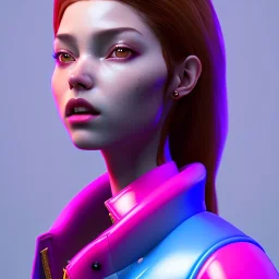 Spanish woman, rounded face, purpurin made up, red, blue, pink, cold, latex coat, leather, nose piercing, soft color, highly detailed, art stations, concept art, smooth, unreal engine 5, god rays, ray tracing, RTX, lumen lighting, ultra detail, volumetric lighting, 3d, finely drawn, high definition, high resolution, neon background.