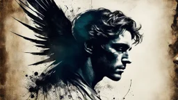 old worn postcard, Portrait Light and darkness in one person, angel and demon in one person, abstract art additional colors small details,