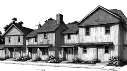 A front elevation fine line drawing of a row of ramshackle fantasy cottages.