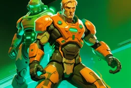 Create a vintage-style sci-fi image featuring a muscular male character with blond hair and a determined expression, dressed in a form-fitting, orange space suit with black belt, standing on a green, disc-shaped spacecraft. In close combat with a large, silver humanoid robot that has visible joint segments, round head, a flat face with two large circular eyes, and a small round mouth. The robot's right hand is raised while its left hand is gripping the protagonist's right forearm. The human char