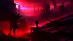 a person watching the end of the world, red-purple gradient map, dystopian city, debris, dramatic painting