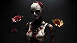 A gritty horror game rendering of a creepy posable art mannequin with articulated joints, the art style of Silent Hill, decaying, liminal spaces, eerie, flirty, painted Kintsugi porcelain, wet, glossy, viscera, colorful flower petals, dark fine arts, morbid fine arts, macabre fine arts, 16k resolution, high quality, sharp focus, intricate details, highly detailed, chaotic, dynamic lighting, backlit, photorealism, canon lens, full figure shot, deep color, black, white and crimson hour