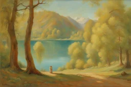 sunny day, lake, trees, sci-fi, mountains, galactic and trascendent, cosmic influence, friedrich eckenfelder and hans am ende impressionism paintings