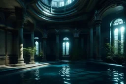 dark, old, room with a swimming pool with blue water, irregular shapes of the pool with bends, visible pillars supporting the closed ceiling, dark, brown in color, columns with wild climbing plants everywhere, dystopian style. gloomy, post-apocalyptic, gloomy, dramatic, very detailed.