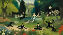 An oil painting by Manet and Francis Bacon of people practicing yoga surrounded by blooming flowers and lush vegetation.