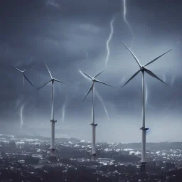 Thousands vertical wind turbines. Heavy cold rain. Thunderstorm. An engineer looking up. Futuristic scenary. Metallic mist.