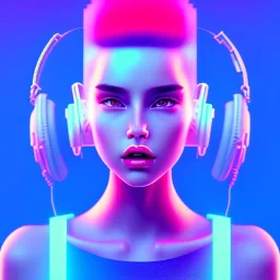 woman teenager, headphones, retro futuristic, Bang & Olufsen, shaved hair, leather dress, gradient color, BLUE, PINK, CYAN, neon, insanely detailed, 16k resolution, perfect eyes, cinematic smooth, intricate detail