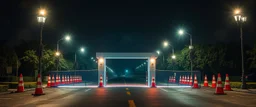 a realistic holographic old style military checkpoint projected by the cones of street lights in front of utopia green world