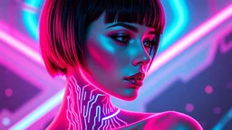 A futuristic, cyberpunk portrait of a young woman with a sleek bob haircut. Her profile is illuminated by vibrant neon lights in shades of pink and blue. Cybernetic circuitry patterns are integrated along her neck and side of her face, blending technology with human features. The background features abstract shapes and glowing elements, enhancing the sci-fi aesthetic.