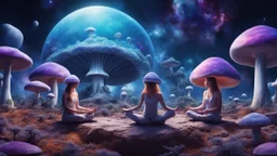 beautiful women sitting without bro meditating on blue, purple mushroom in space, vegetable plantations in domes, colonization of the planet,