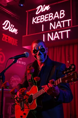 An spanish Guy with stalker big eyes "Enrique" performing at dance club, his name is the stalker "Enrique" Red roses On stage, red Neon lights and smog, and "Din KEBAB I NATT" big sign on the wall, serenade under balcony, ZORRO vibes