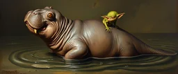 master oil painting by Rembrandt, creature from before the dinosaur alien seal gremlin munchin on a hippo