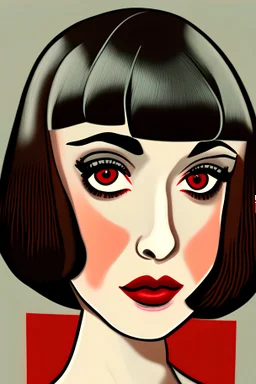 cartoon portrait of french brunette lady with bob cut, long eyelashes and red lips