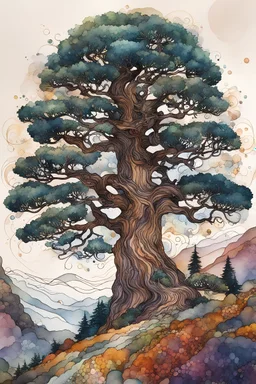 random watercolor Zentangle patterns in the styles of Gustav Klimt ,Wassily Kandinsky, Alphonse Mucha, and Kay Nielsen that depicts an ancient Bristlecone Pine at a high Rocky Mountain plateau , with fine ink outlining