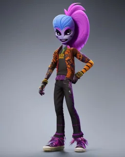 Character from Monster High, male, cannibal, body color is dark, eye color is yellow, sportswear, illustration, cartoon style