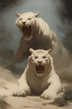 A giant, snarling albino Bengal tiger - oil painting by Frank Frazetta