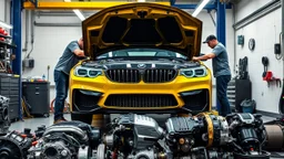 A car repair shop where two people are repairing a black and yellow BMW M6 series with an eye-catching theme in a sophisticated and special repair shop where a collection of car engine parts is arranged at the bottom of the image